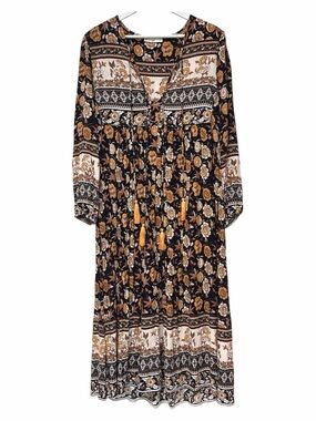 ✨R. Vivimos Bohemian Floral Tassel Maxi Dress - Black & Gold- Beach- Flowy✨